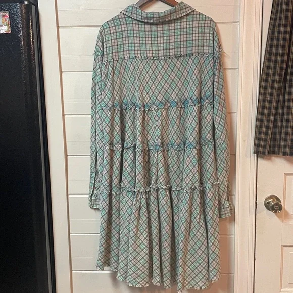 Oli & Hali Back Tiered Check Plaid Tunic High Low Dress Mint Green Boho Size L. - Picture 5 of 9